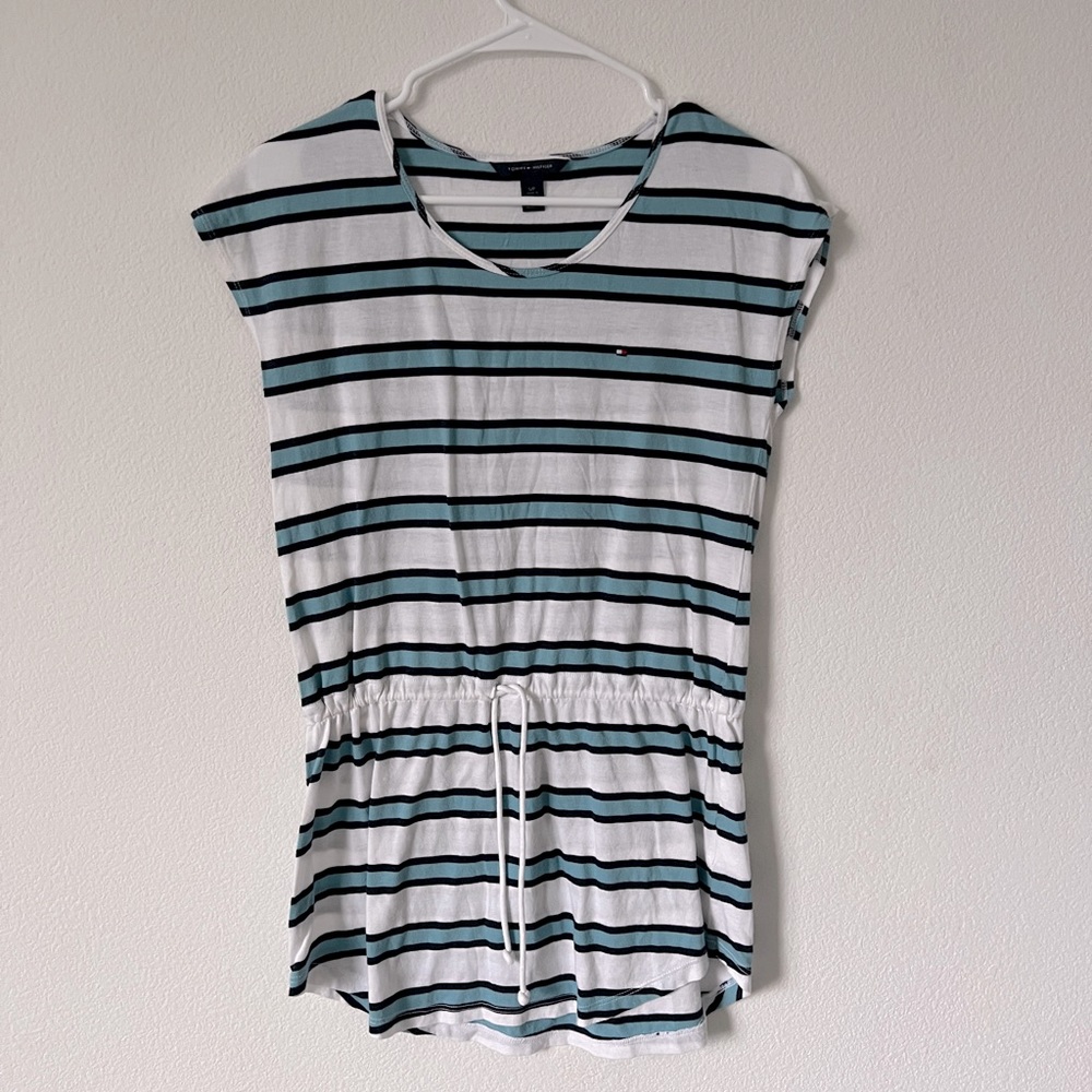 Tommy Hilfiger Striped White & Blue Top with Tie Waist Size Small